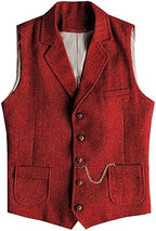 Men's Slim Fit wool-blend Tweed Waistcoat with Notched Lapels and Patch