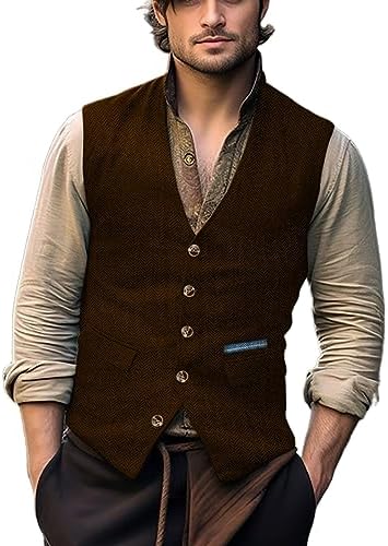 Men's Herringbone Tweed Waistcoat with Decorative Buttons
