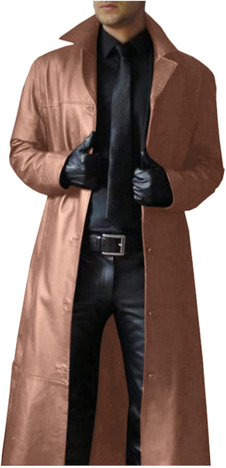 Men's Faux Leather Trench Coat with Notched Lapels