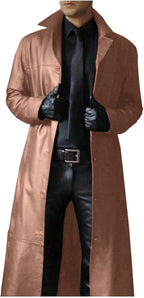 Men's Faux Leather Trench Coat with Notched Lapels