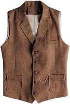 Men's Slim Fit wool-blend Tweed Waistcoat with Notched Lapels and Patch