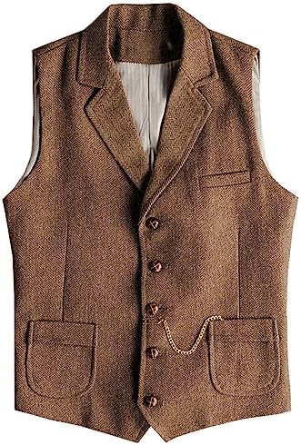 Men's Slim Fit wool-blend Tweed Waistcoat with Notched Lapels and Patch