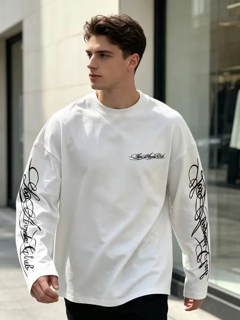 Men's Crew-Neck Longsleeve with Script Graphics – Six Colours