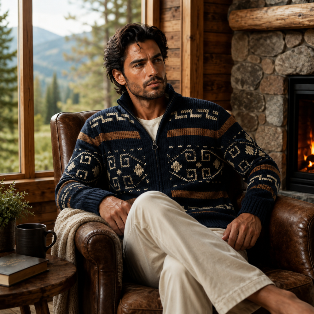 Men's Jacquard Shawl-Collar Cardigan – Patterned Knit