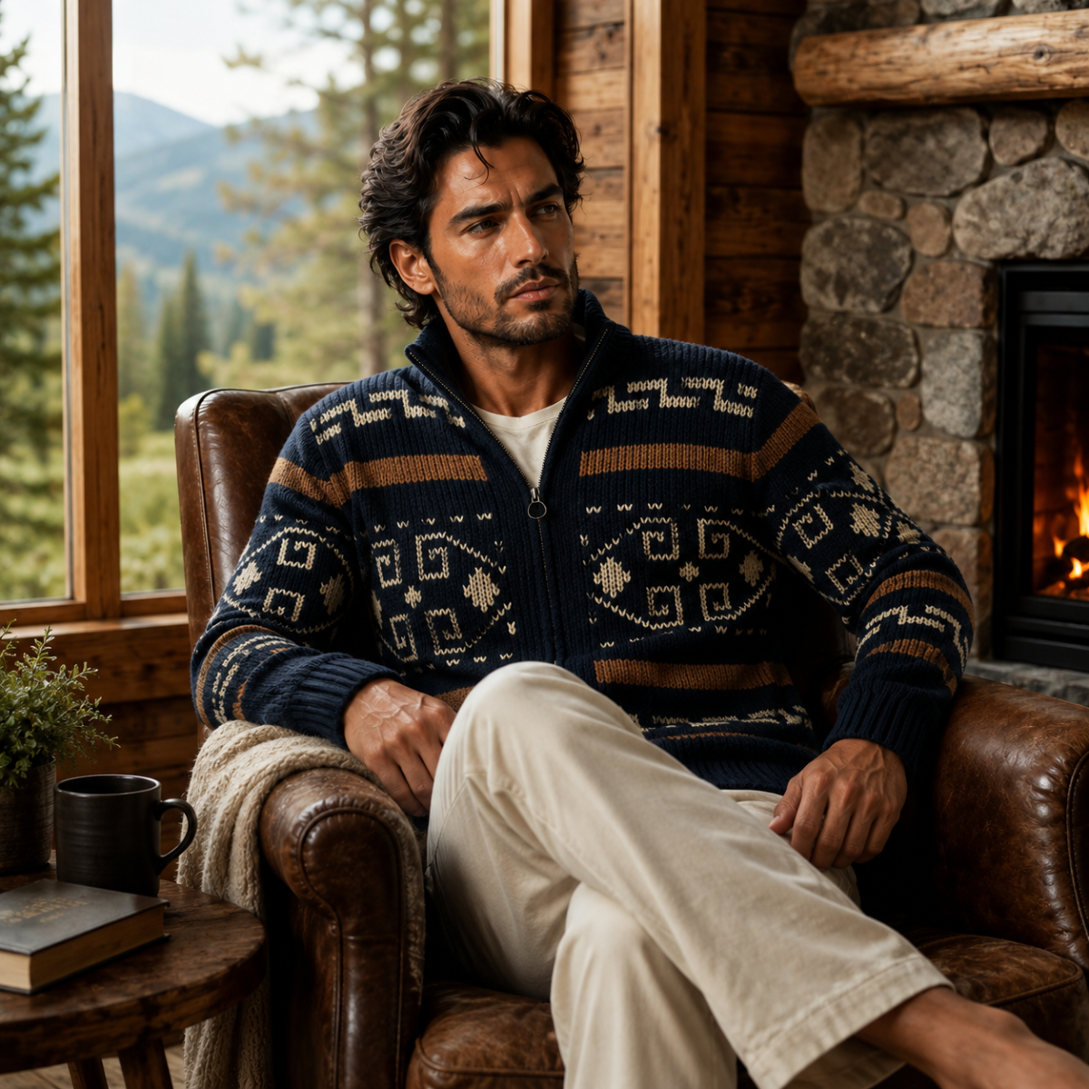Men's Jacquard Shawl-Collar Cardigan – Patterned Knit
