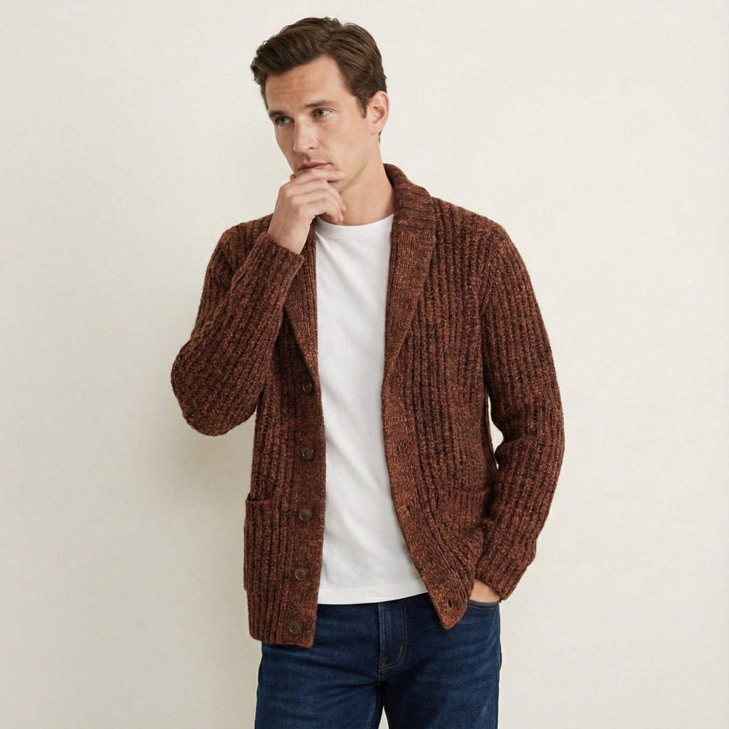 Men's Chunky Cable-Knit Shawl-Collar Cardigan