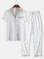 Men's Contrast Texture Shirt and Trouser Set – Cuban Collar