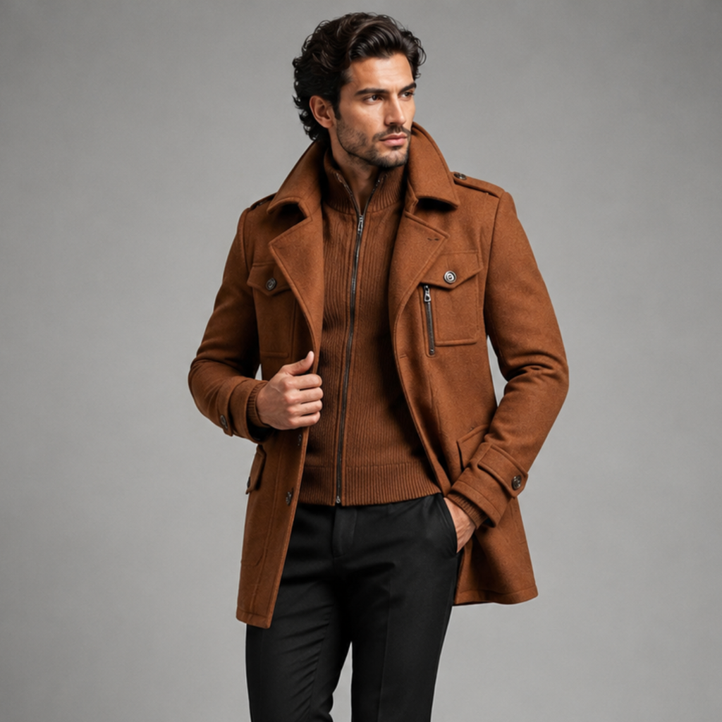 Men's Double-Collar Wool-Blend Business Coat
