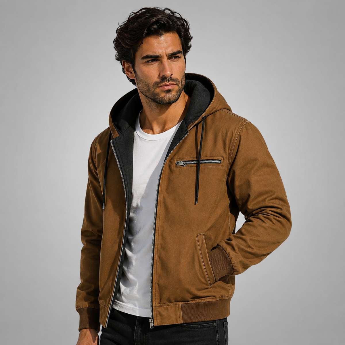 Men's Fleece-Lined Hooded Jacket – Drawstring Hood, Ribbed Cuffs