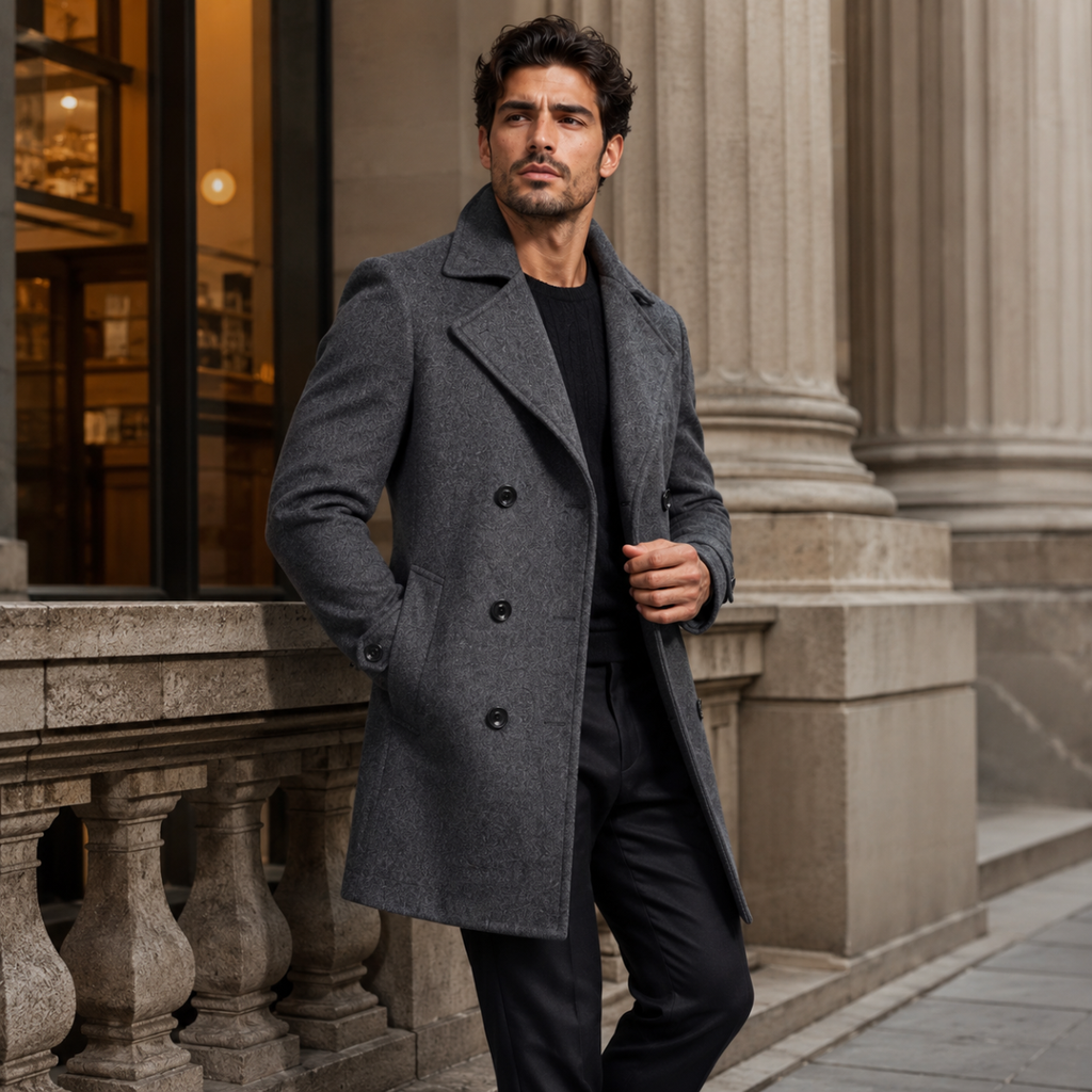 Men's Long Double-Breasted Wool-Blend Trench Coat
