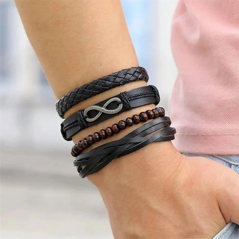 Men's Braided leather-look Wrap Bracelet Set
