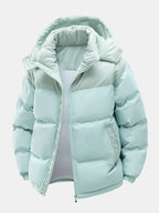 Men's Padded Puffer Jacket with Corduroy Panels and Stand Collar