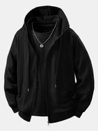 Men's Cable Jacquard Zip-Up Hoodie – Textured Long Sleeve Hooded Sweatshirt
