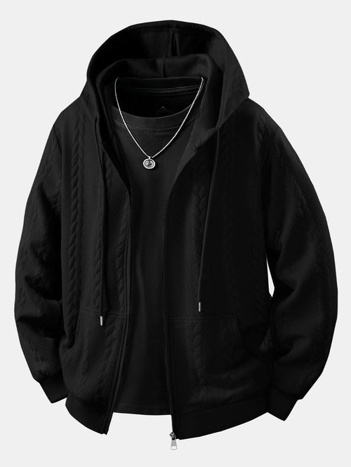 Men's Cable Jacquard Zip-Up Hoodie – Textured Long Sleeve Hooded Sweatshirt