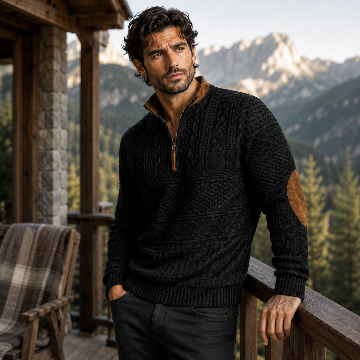Men's Patterned Half-Zip Jumper with Elbow Patches