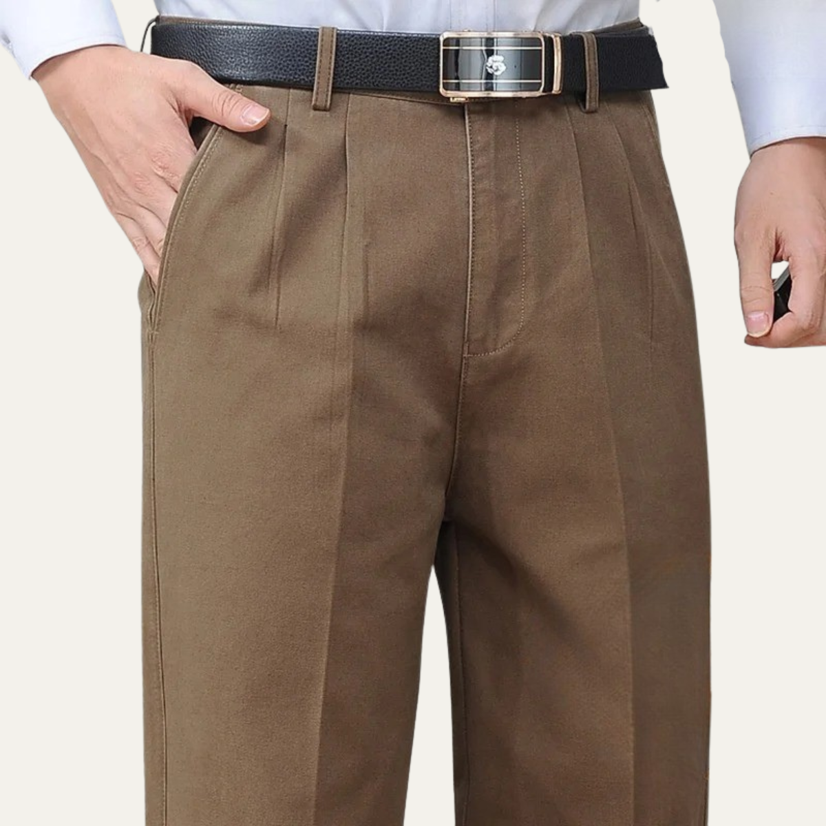 Men's Cotton Double-Pleated Trousers – High Waist, Straight Leg