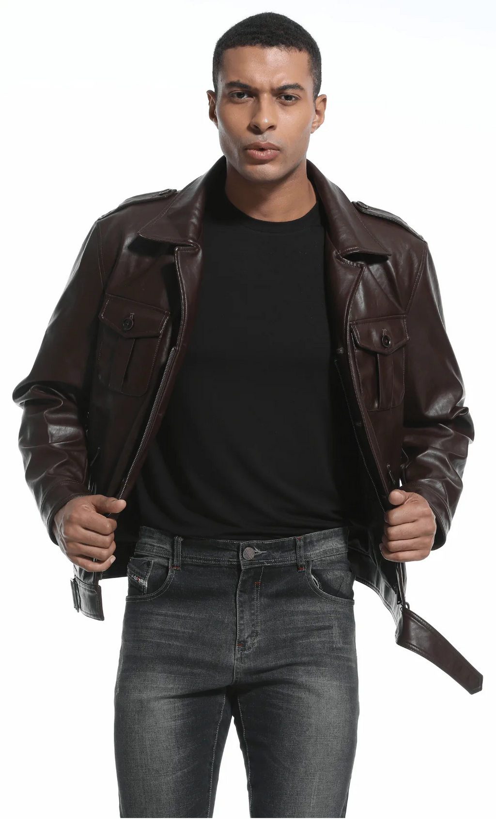 Men's Leather-look Jacket with Mandarin Collar