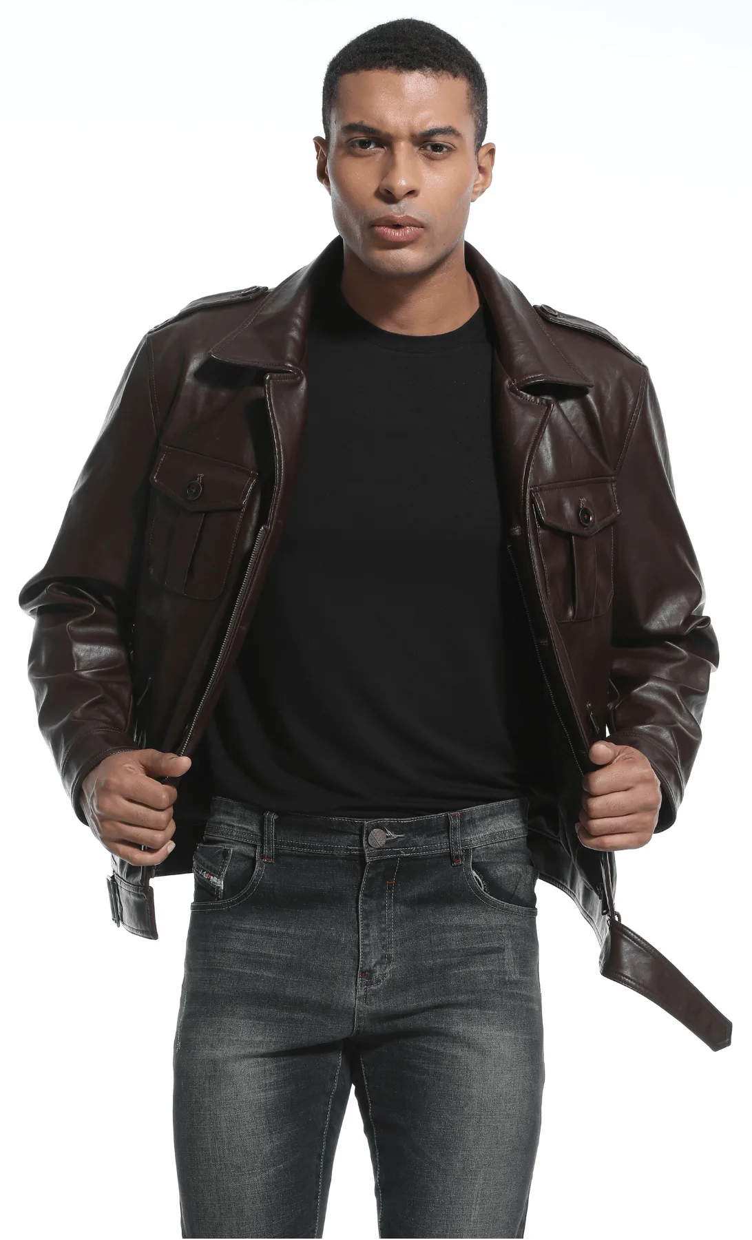Men's Leather-look Jacket with Mandarin Collar