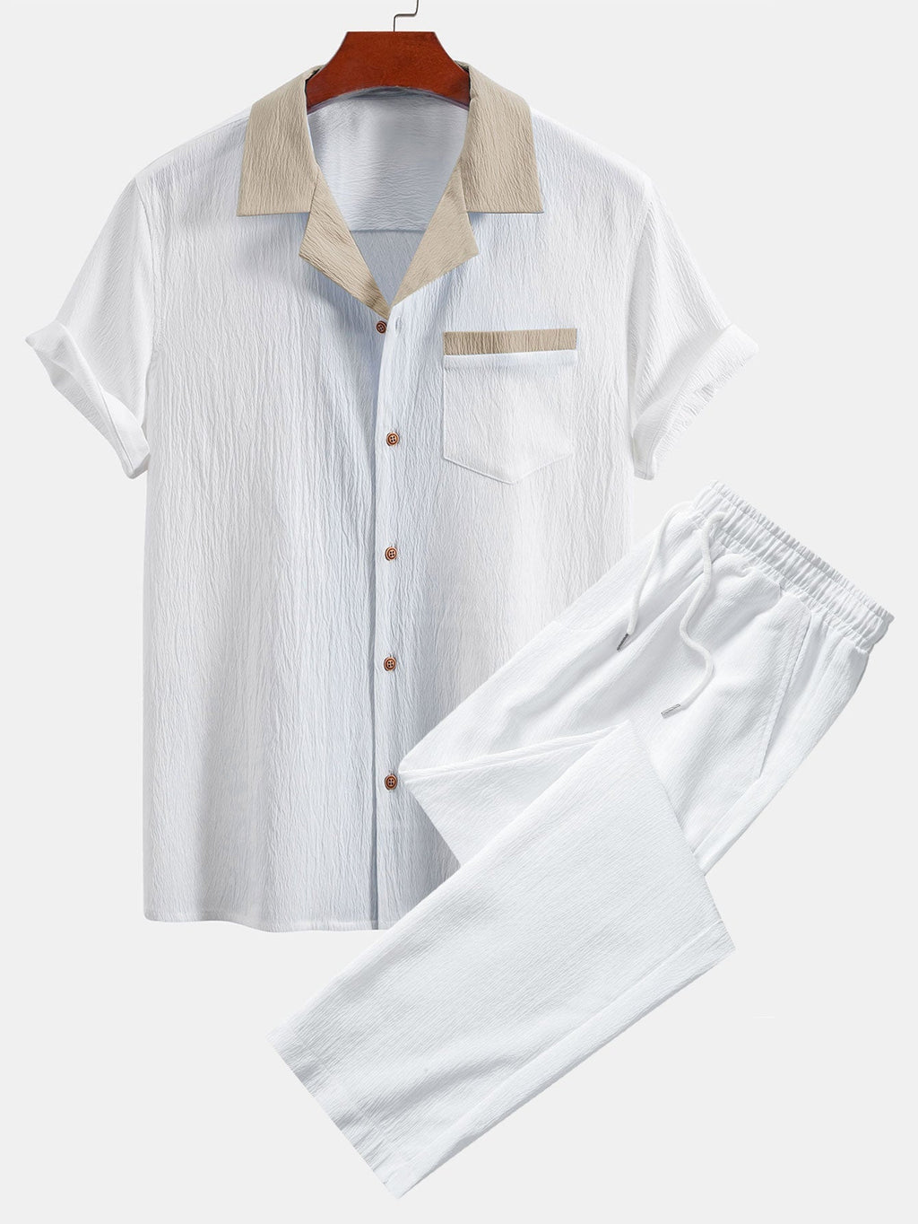 Men's Contrast Texture Shirt and Trouser Set – Cuban Collar