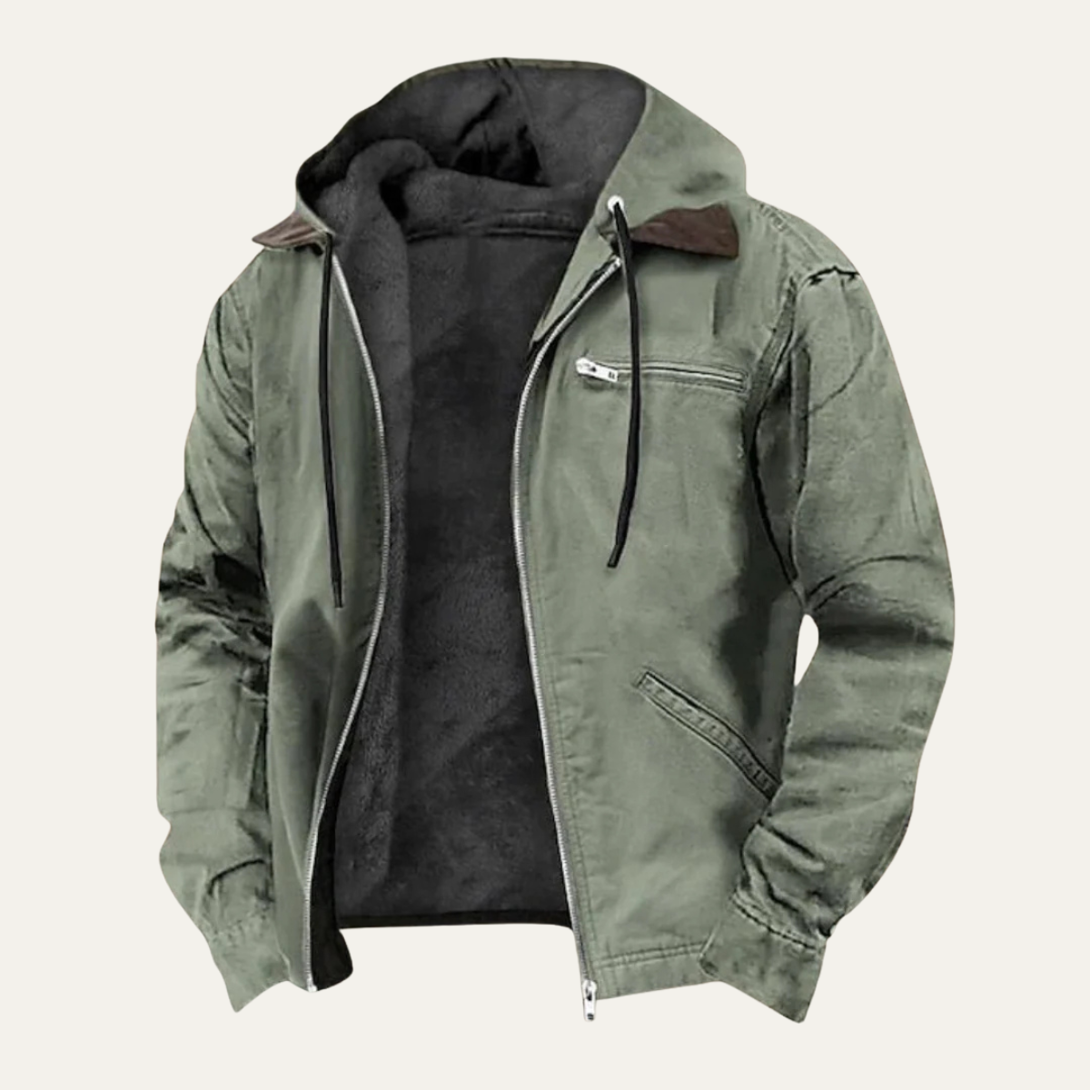 Men's Fleece-Lined Hooded Jacket – Drawstring Hood, Ribbed Cuffs