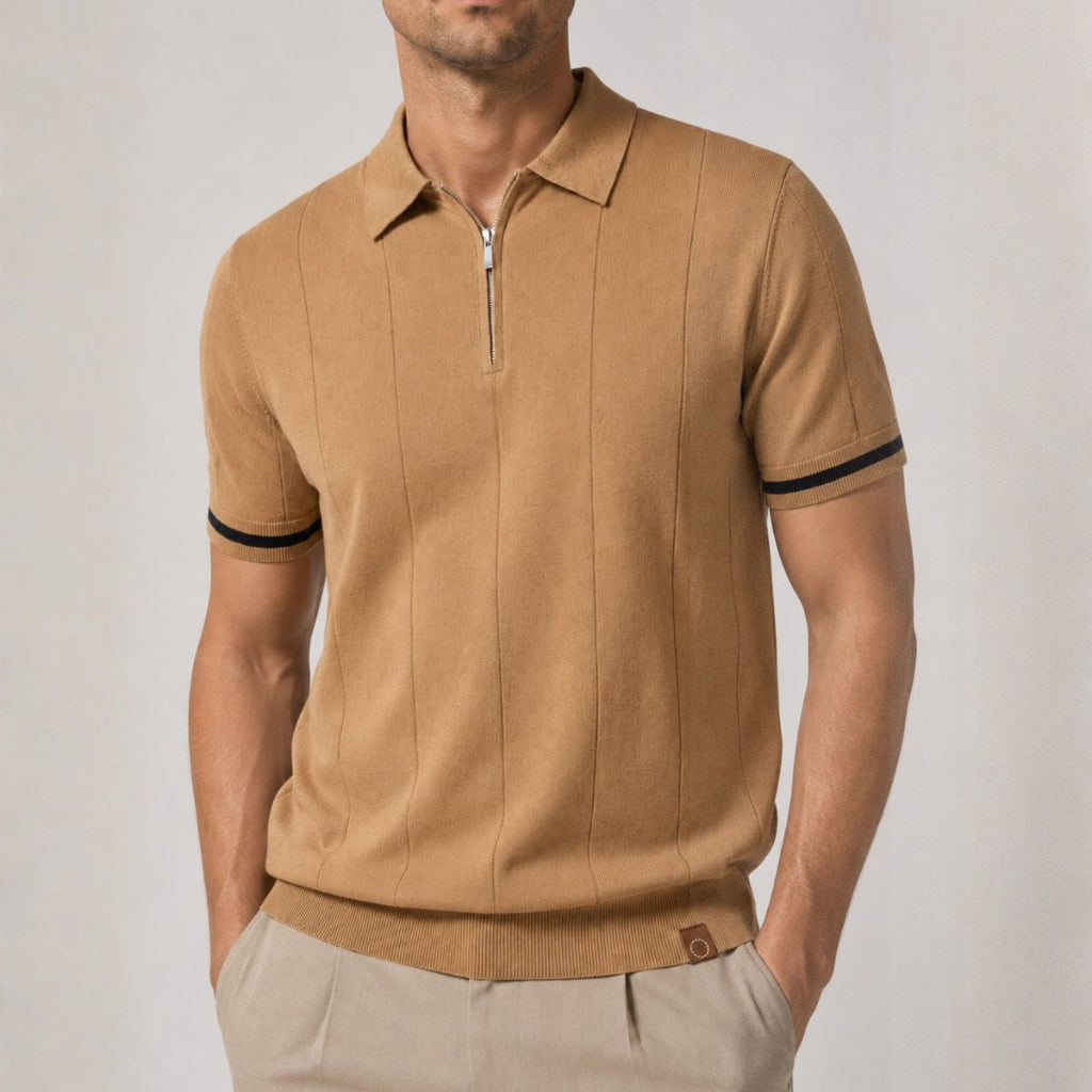 Men's Zip-neck Knitted Polo Shirt with short zip and classic collar
