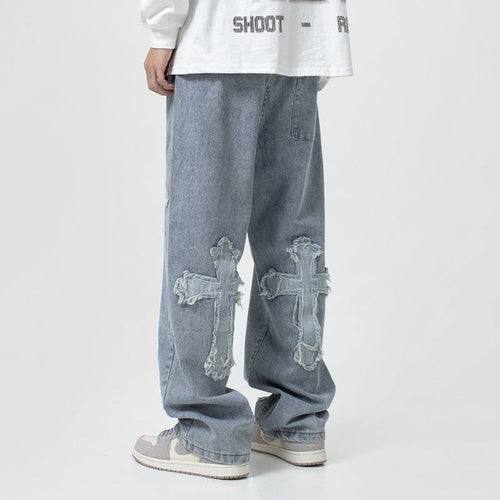 Men's Cross Patch Jeans – Baggy Fit Denim with Statement Patches