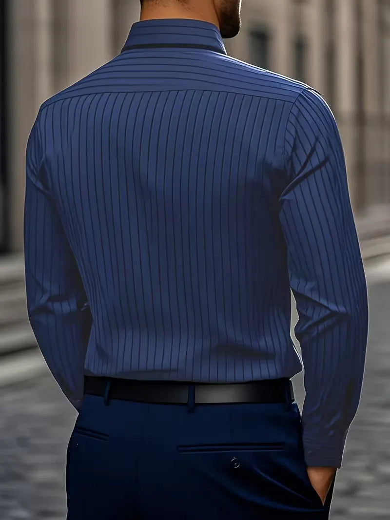Men's Slim-Fit Striped Mandarin Collar Shirt