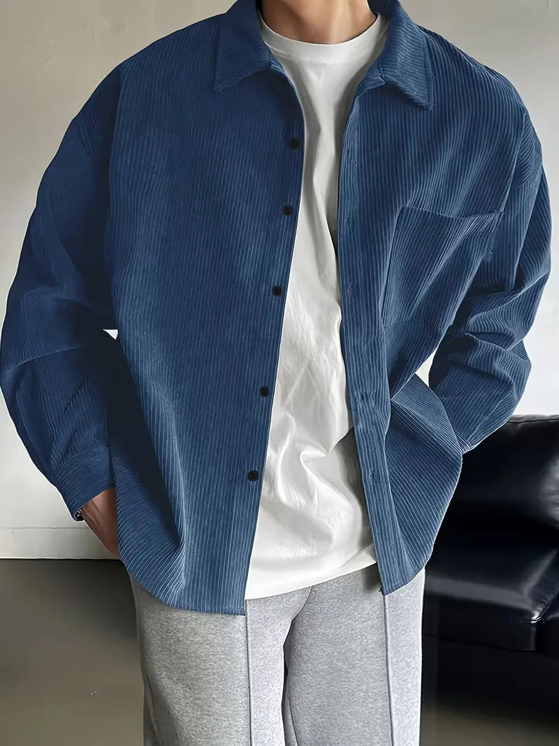 Men's Ribbed Long Sleeve Shirt with Chest Pocket