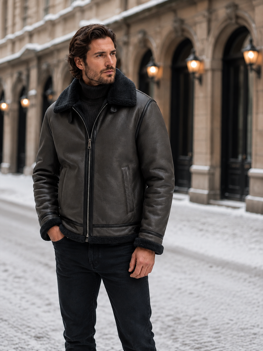Men's Leather-Look Aviator Jacket – Faux Shearling Lining
