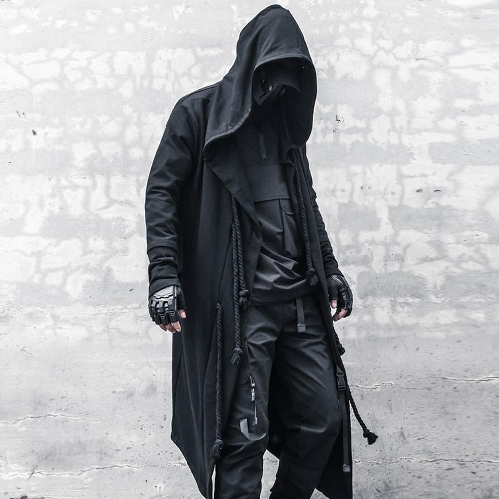 Men's Gothic Longline Hooded Cardigan with Draped Front