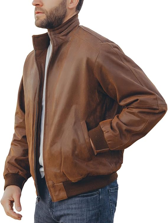 Men's leather-look Bomber Jacket – Ribbed Stand-Collar Casual Layer