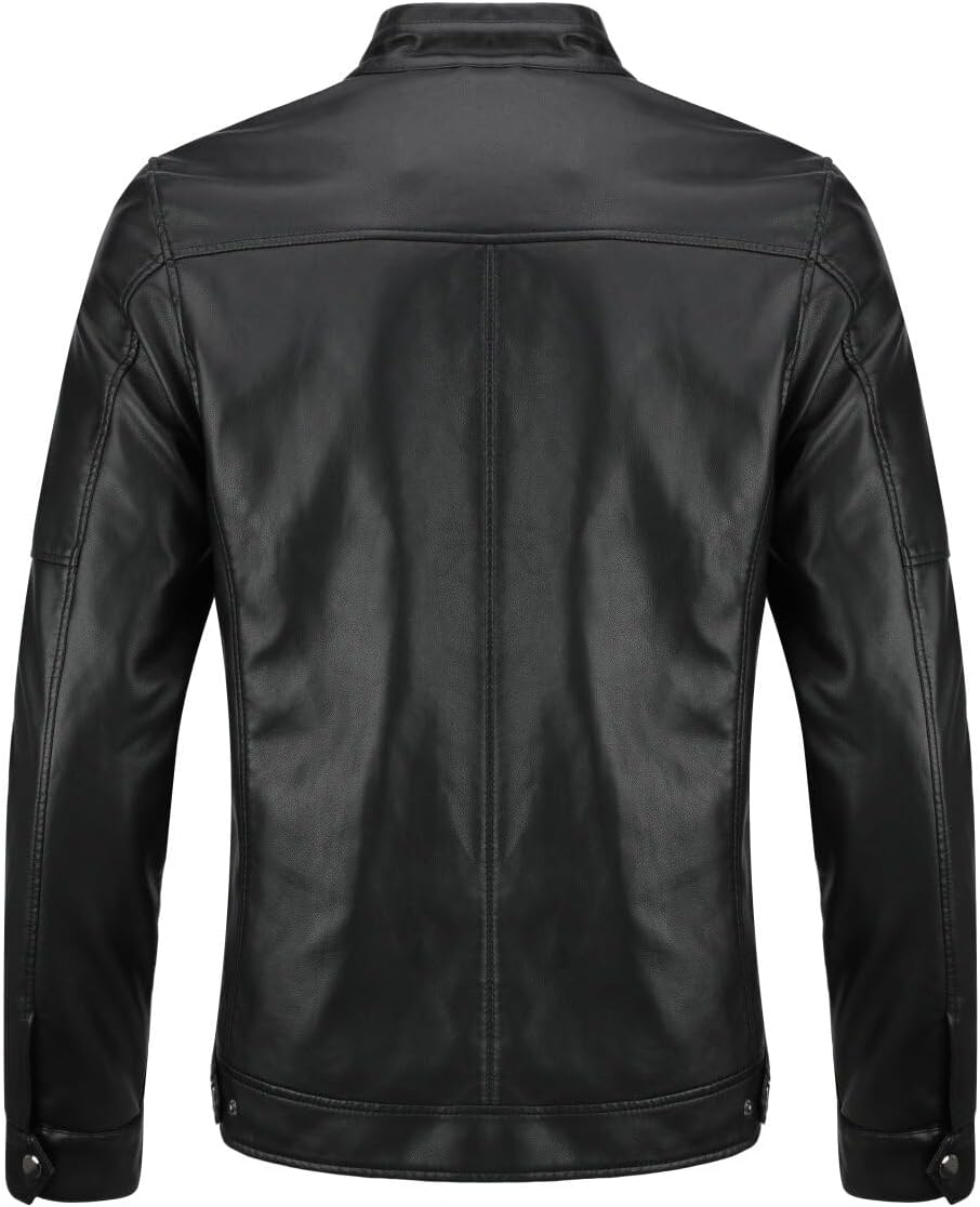 Men's Sleek Faux-Leather Biker Jacket – Minimal Stand-Collar Zip-Up Moto