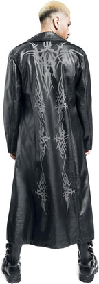Men's Long Faux Leather Coat with Zip Front and Wide Collar