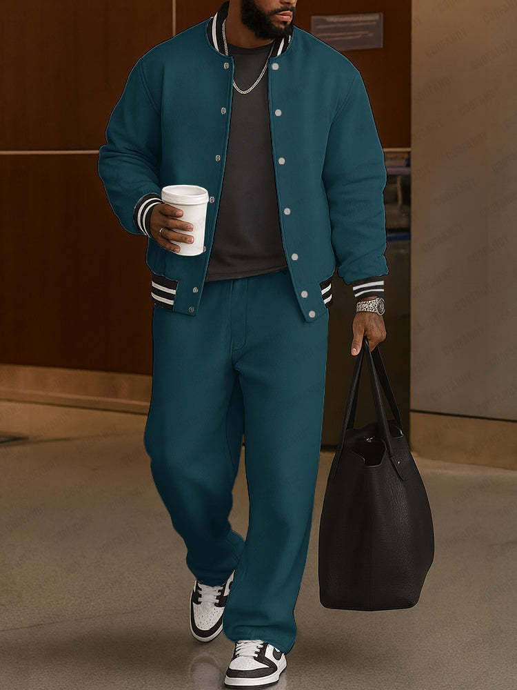 Men's Bomber Jacket and Trousers Set – Striped-Trim Two-Piece Outfit
