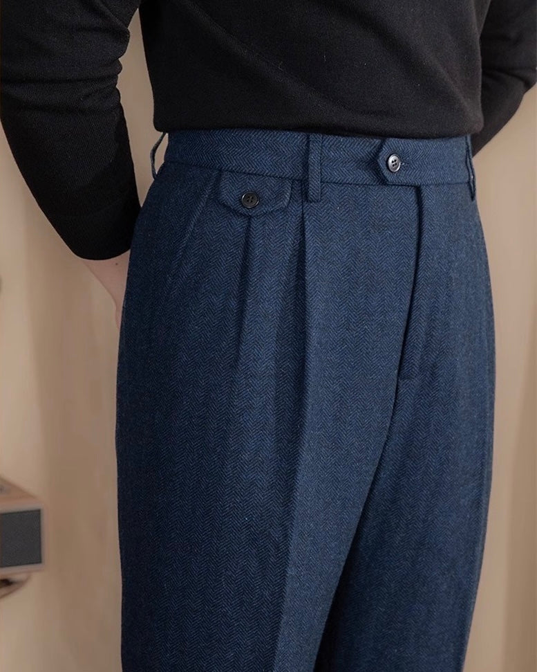 Men's Herringbone High-Waist Trousers with Side Tabs