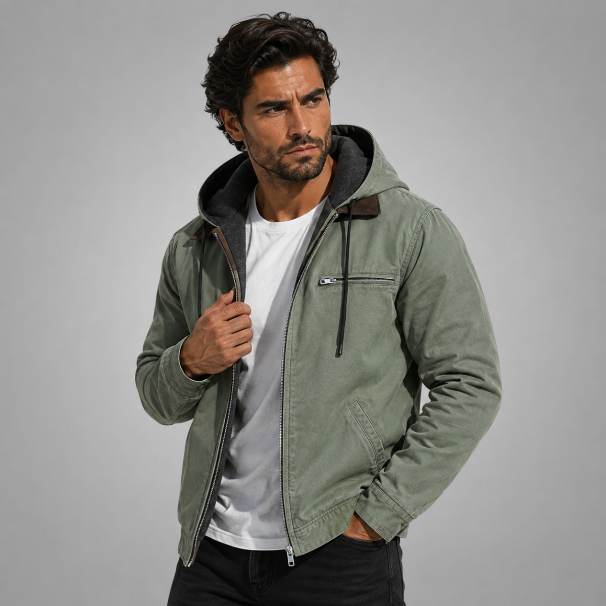 Men's Fleece-Lined Hooded Jacket – Drawstring Hood, Ribbed Cuffs