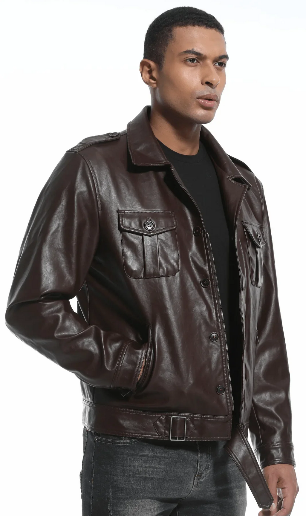 Men's Leather-look Jacket with Mandarin Collar