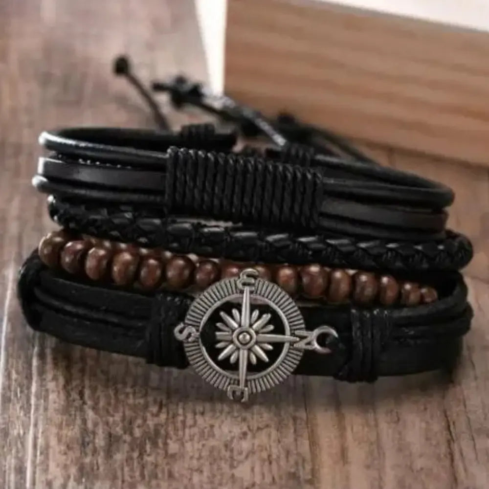Men's Braided leather-look Wrap Bracelet Set