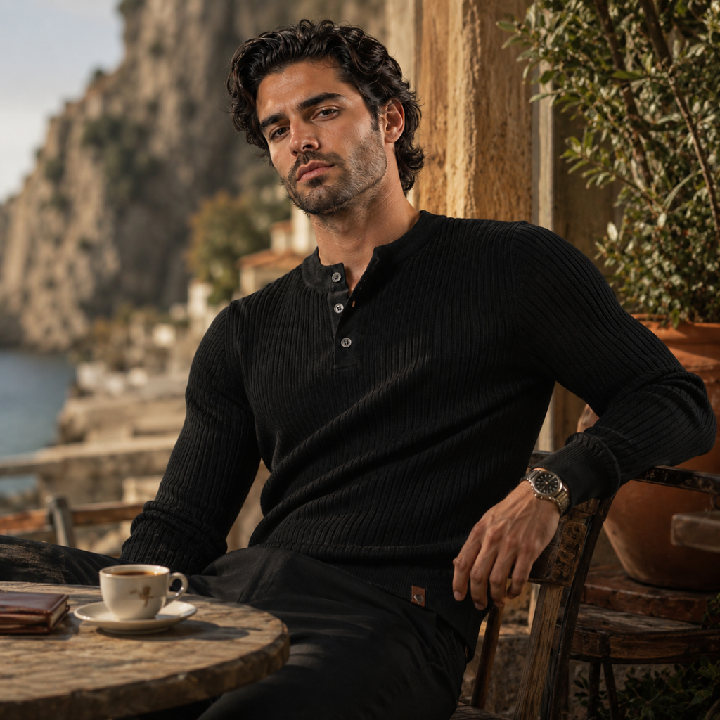 Men's Ribbed Henley Knit Jumper – Button Neck