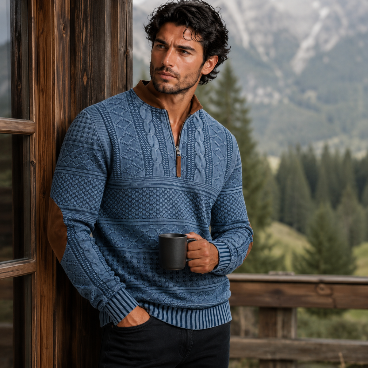 Men's Patterned Half-Zip Jumper with Elbow Patches