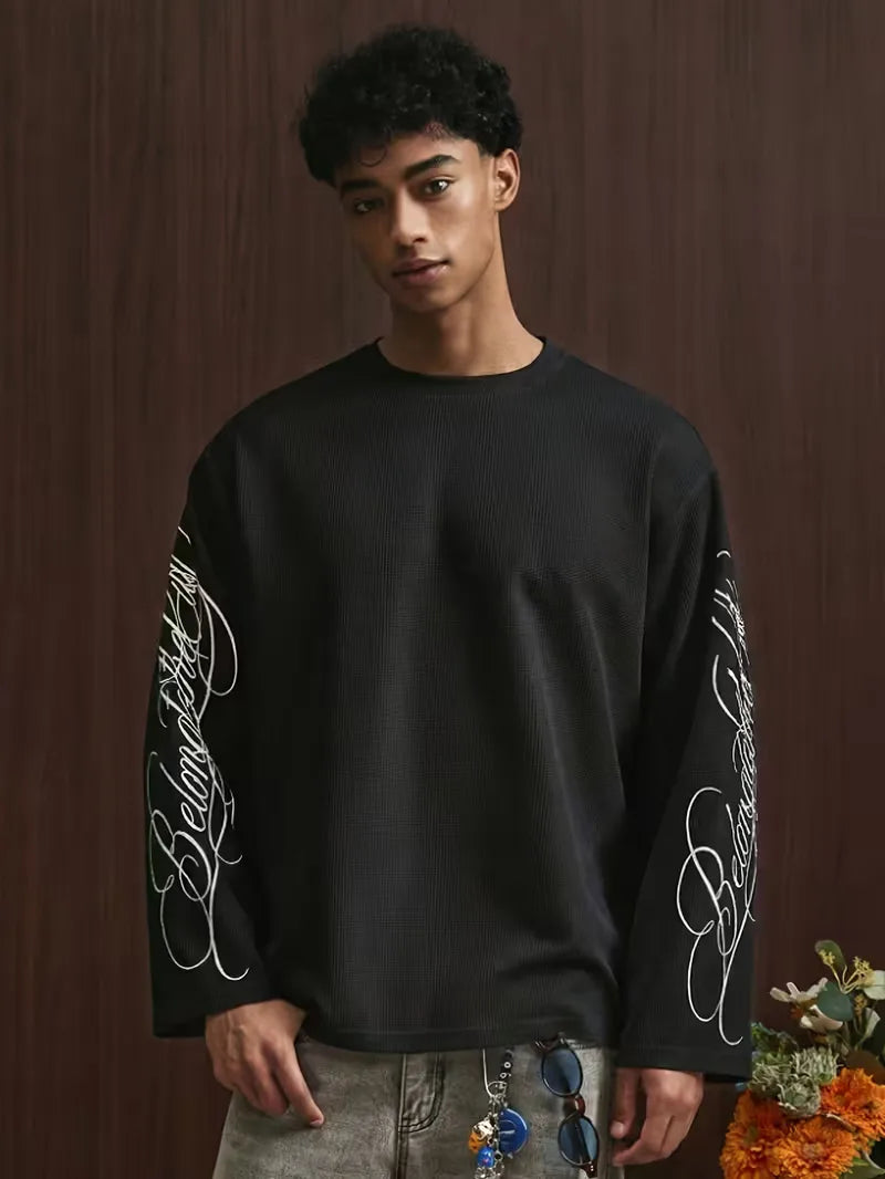 Men's Oversized Waffle-Knit Longsleeve with Script Sleeve Print