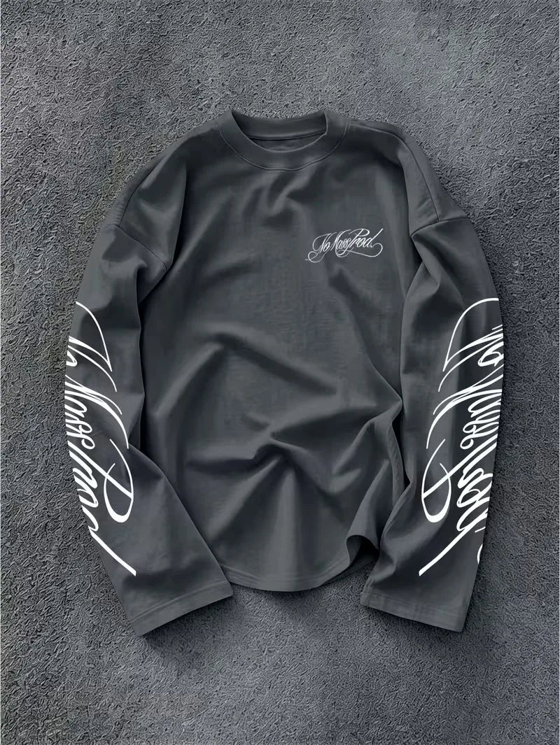 Men's Dark Longsleeve with White Script Print on Sleeves and Chest