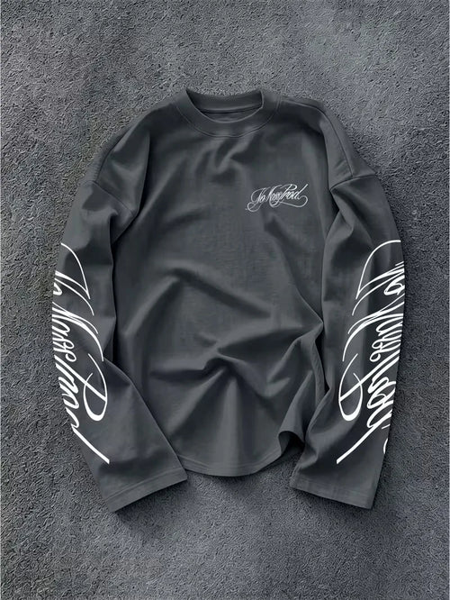 Men's Dark Longsleeve with White Script Print on Sleeves and Chest