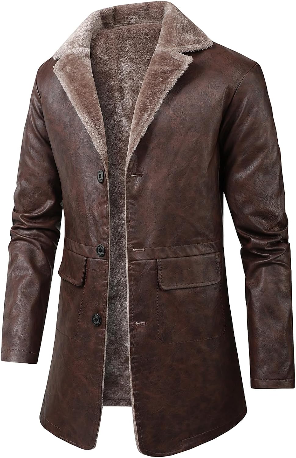 Men's Long Faux-Leather Winter Coat – Vintage Button-Front Layer