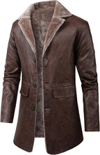 Men's Long Faux-Leather Winter Coat – Vintage Button-Front Layer