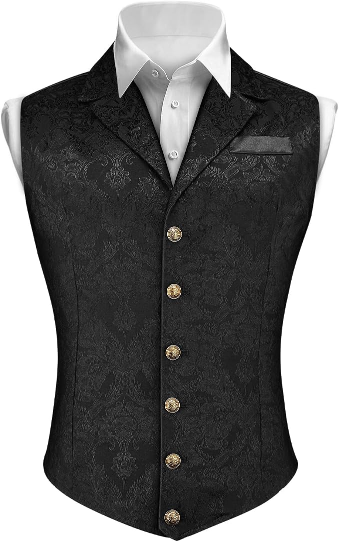 Men's Printed Formal Waistcoat with Notched Lapels and Decorative Buttons