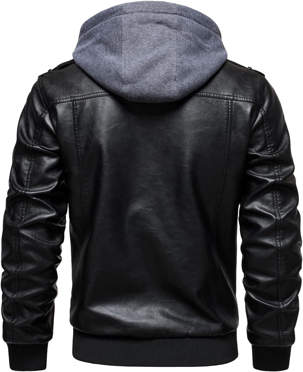 Men's Hooded Faux-Leather Bomber Jacket – Multi-Pocket Zip-Up Motorcycle