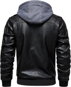 Men's Hooded Faux-Leather Bomber Jacket – Multi-Pocket Zip-Up Motorcycle