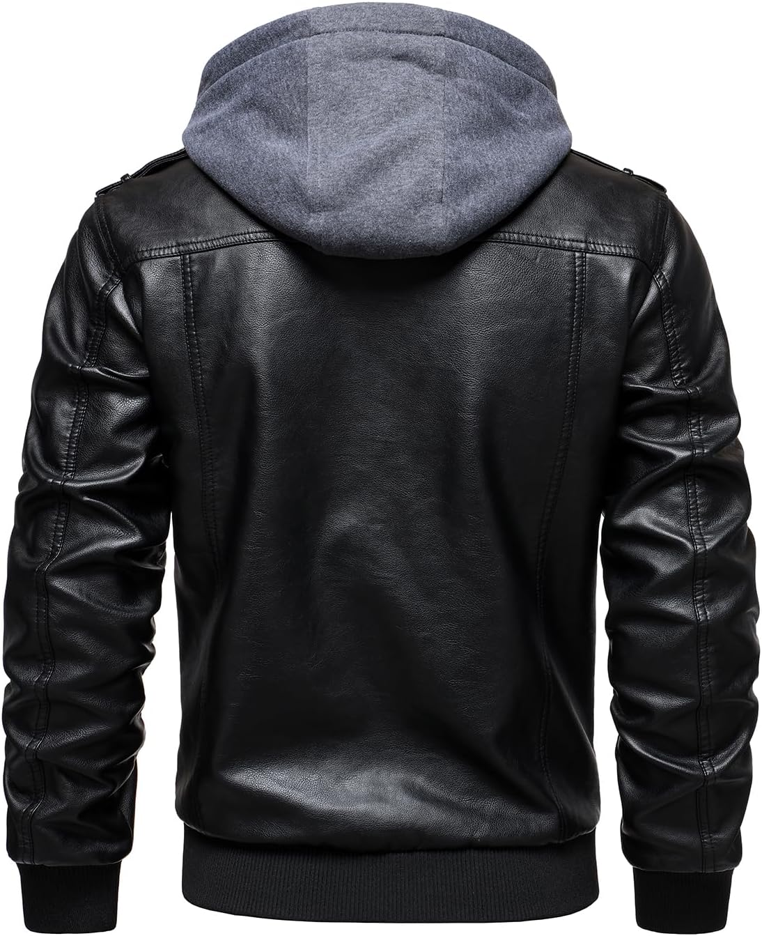 Men's Hooded Faux-Leather Bomber Jacket – Multi-Pocket Zip-Up Motorcycle