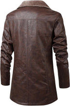Men's Long Faux-Leather Winter Coat – Vintage Button-Front Layer